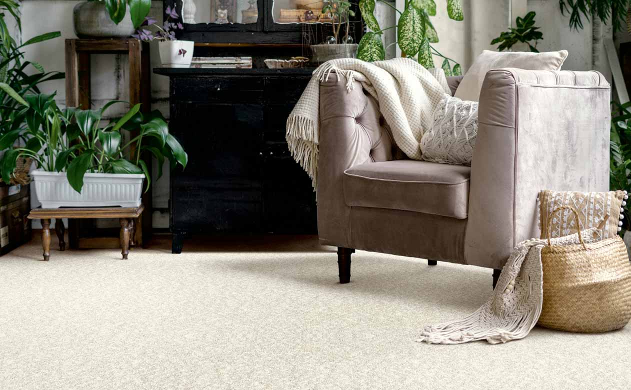Cream carpet in living room with an accent chair